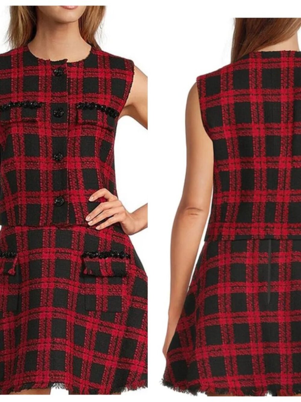 NWT Antonio Melani Selene Plaid Tweed Vest Skirt Set Sz 12 Red Black